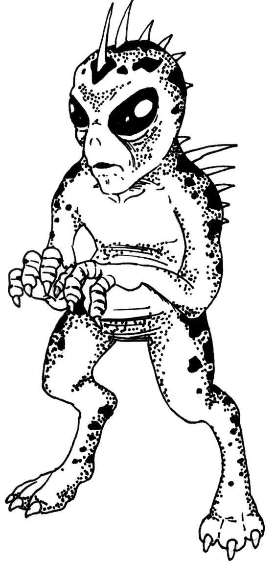 Drawing of a chupacabra, a small humanoid creature with large black eyes and spikes coming out of its back